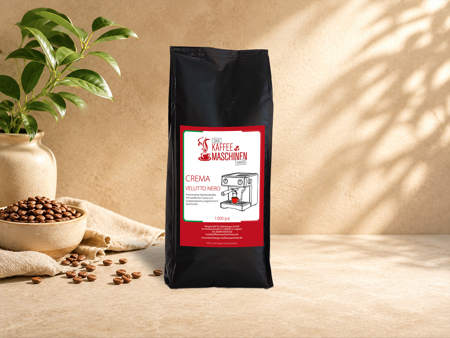Das Kaffeemaschinenhaus "Velutto Nero" Kaffee Crema. Bild mit Hilfe von KI generiert.