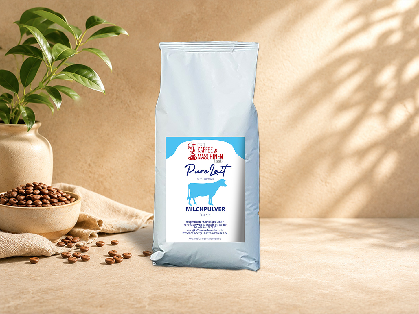Das Kaffeemaschinenhaus "Pure Lait" Milchpulver. Bild mit Hilfe von KI generiert.